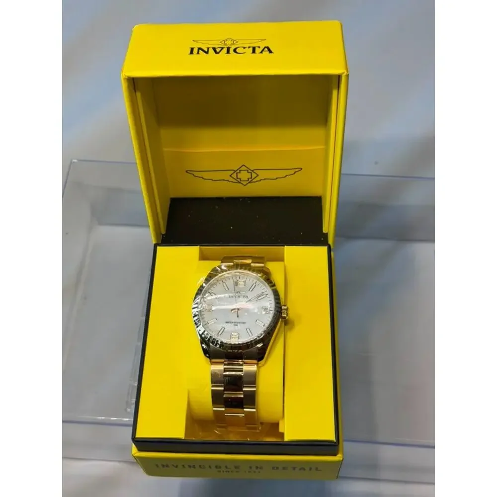 Invicta Men's Gold-Tone Watch Fluted Bezel Mother of Pearl Dial 50M Water Resist